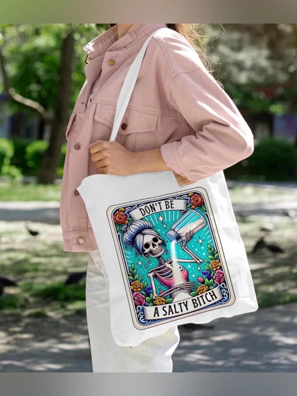 NWT Don't Be A Salty B!tch Skeleton Tote Bag Cotton Eco-Friendly Tarot Style - Picture 4 of 7